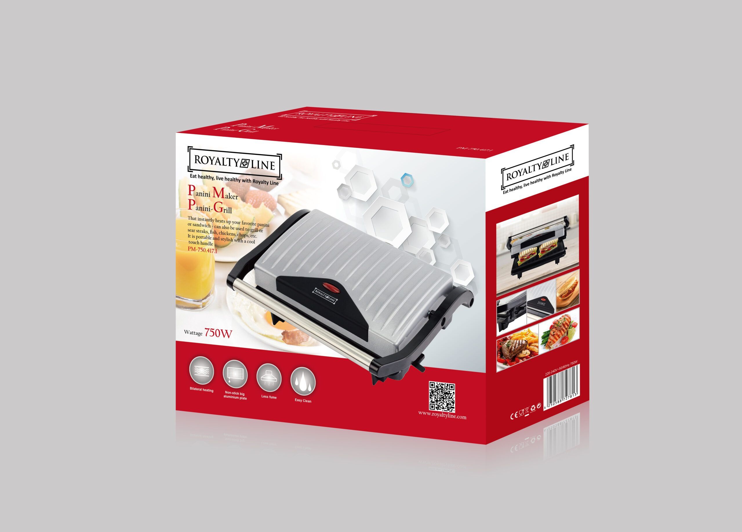 Royalty Line Panini Maker-Kontaktgrill Sandwichgrill 750W, grau – Bild 5